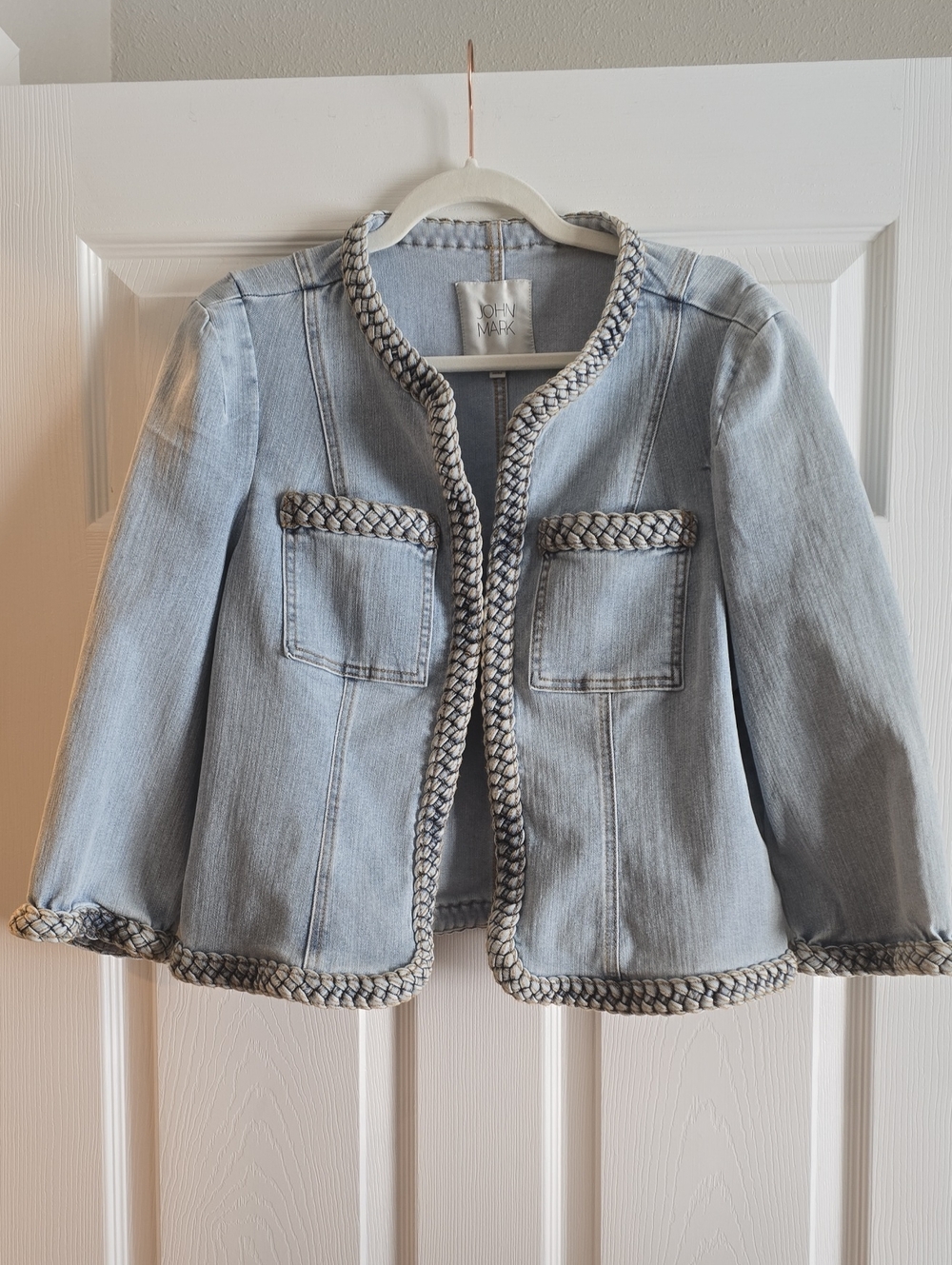 John Mark Light Blue Braided-Trim Womens Denim Blazer